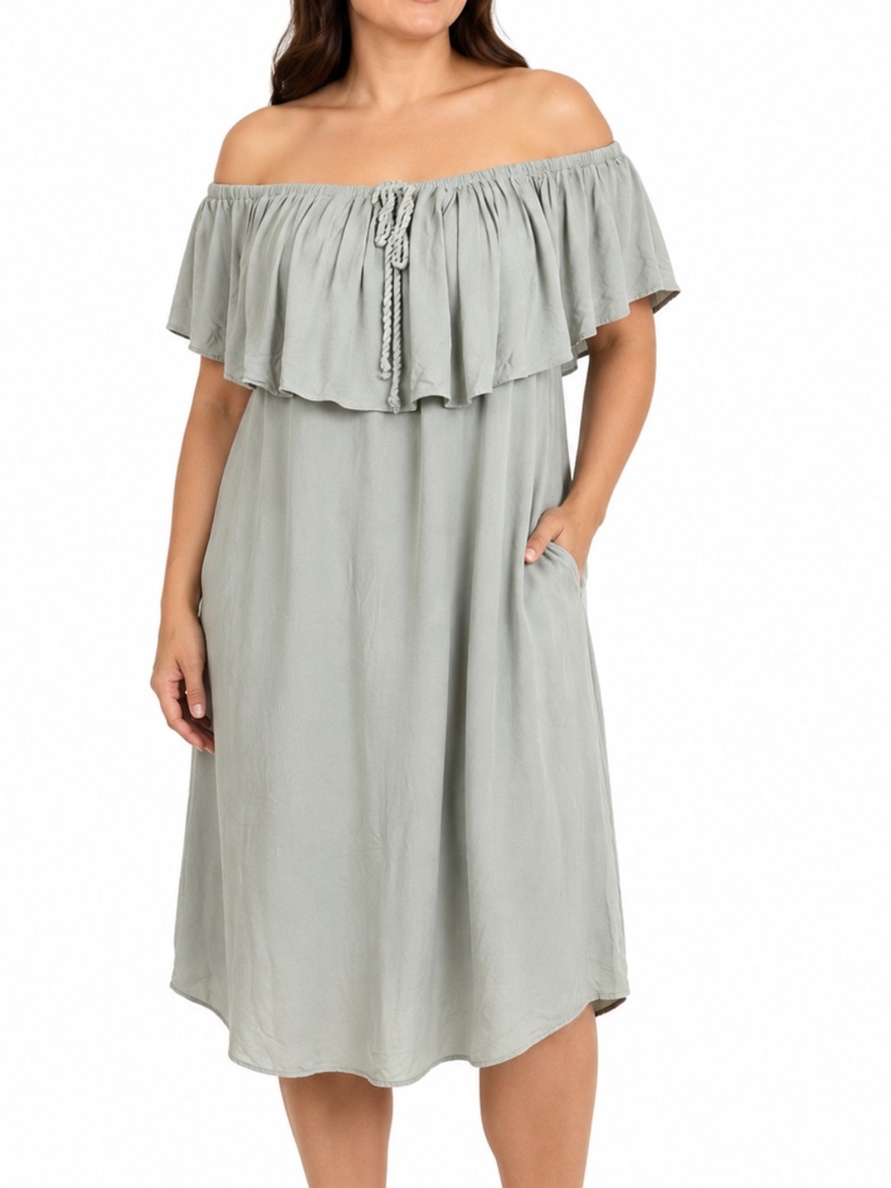 LAmade Bella Off Shoulder Ruffle Dress Women’s L Moon Mist Rayon Pockets USA